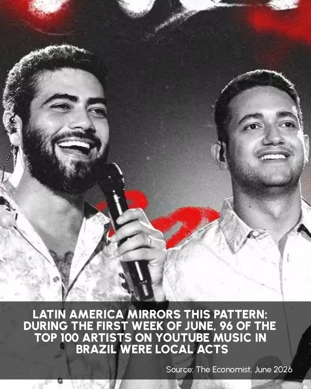 Two Brazilian sertanejo singers smiling on stage in a spotlit crowd