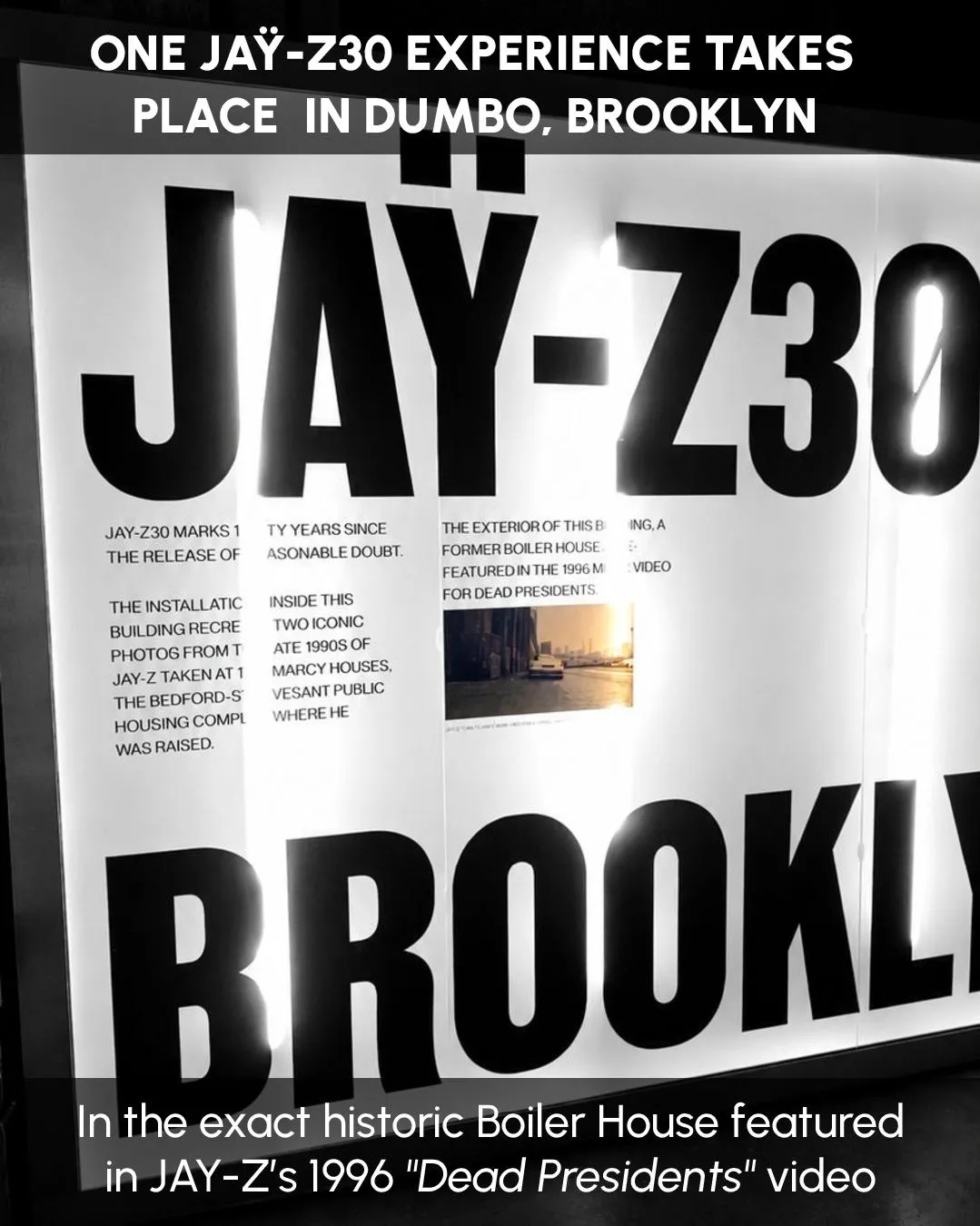 The JAY-Z30 lightbox wall in DUMBO, Brooklyn