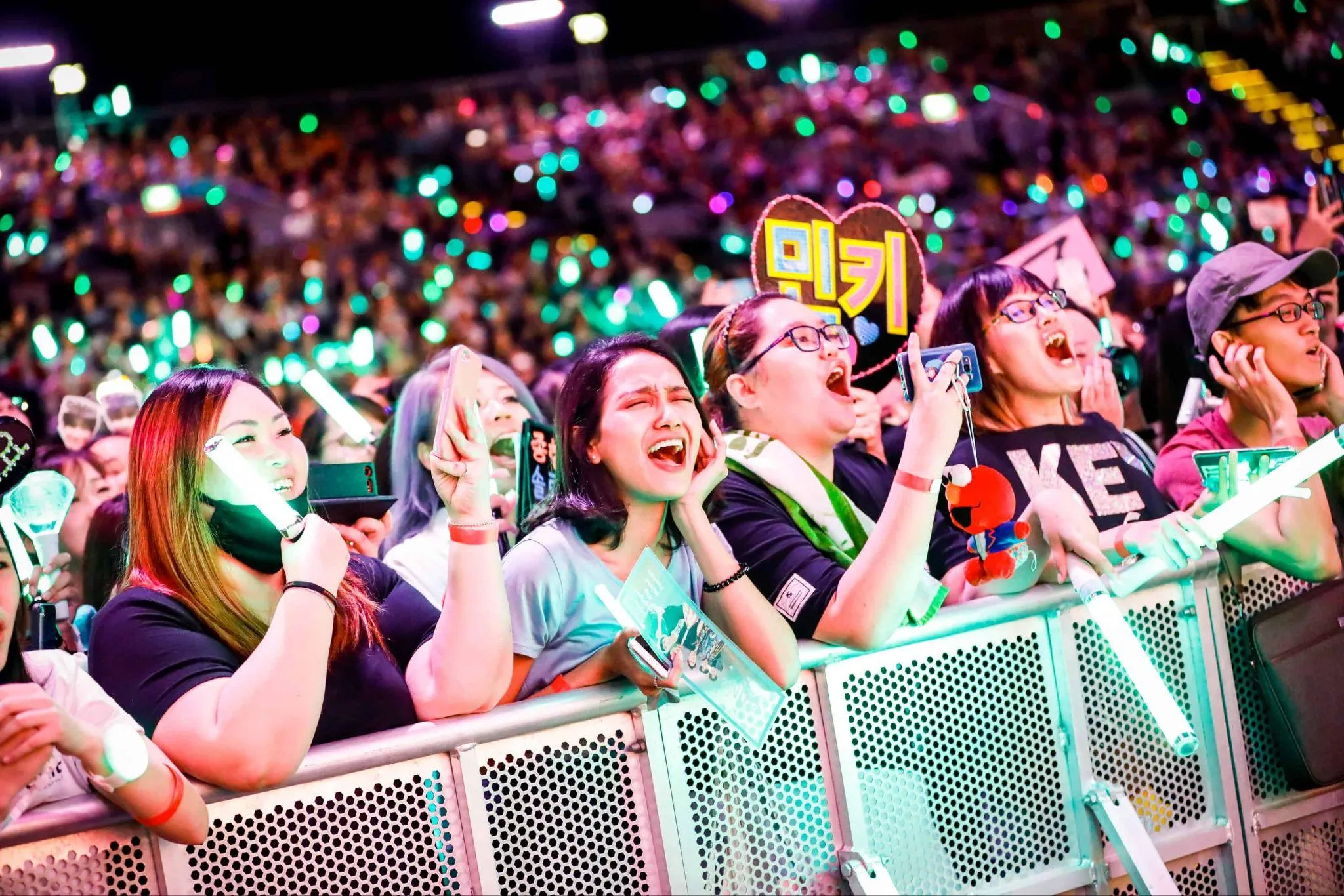 Fans at a concert barrier hold phones and signs while smiling towards the stage