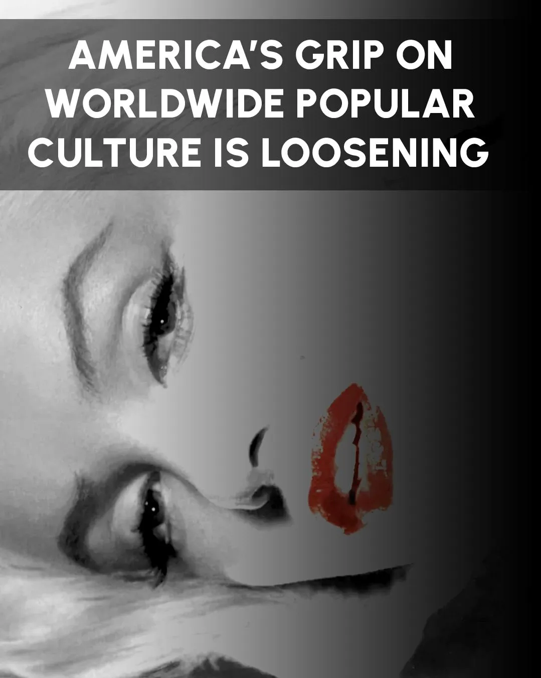 A monochrome Hollywood portrait turned on its side, only the red lips in colour