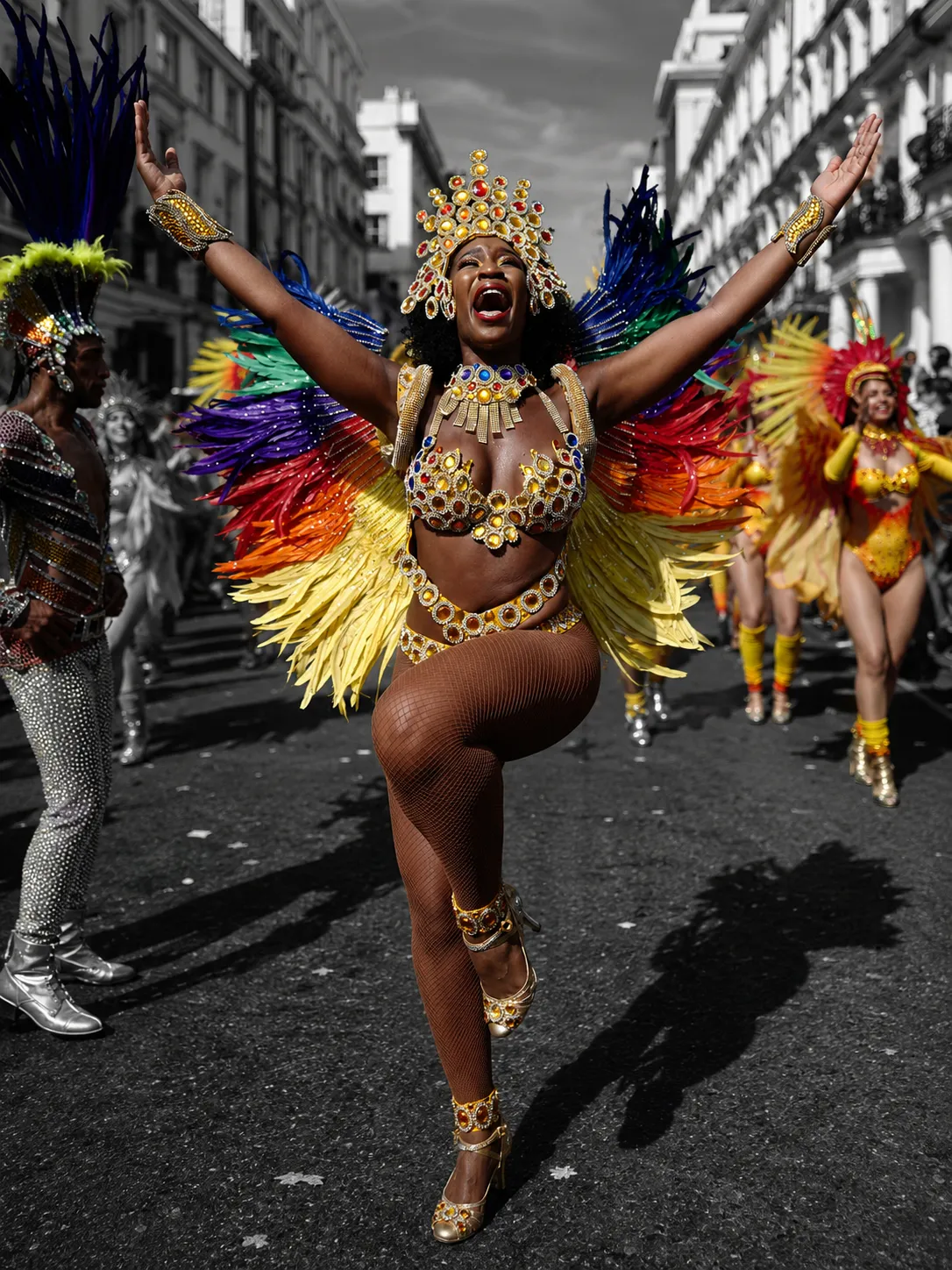 A Carnival dancer in a gold costume with multicoloured feathers performing on a monochrome Notting Hill street